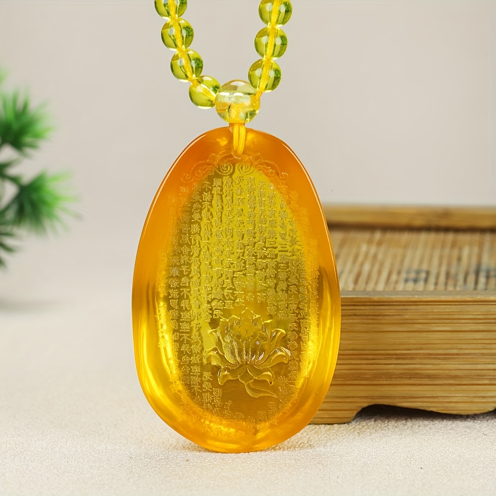 Natural Amber Carved Lotus Sutra Pendant, Unisex Gift