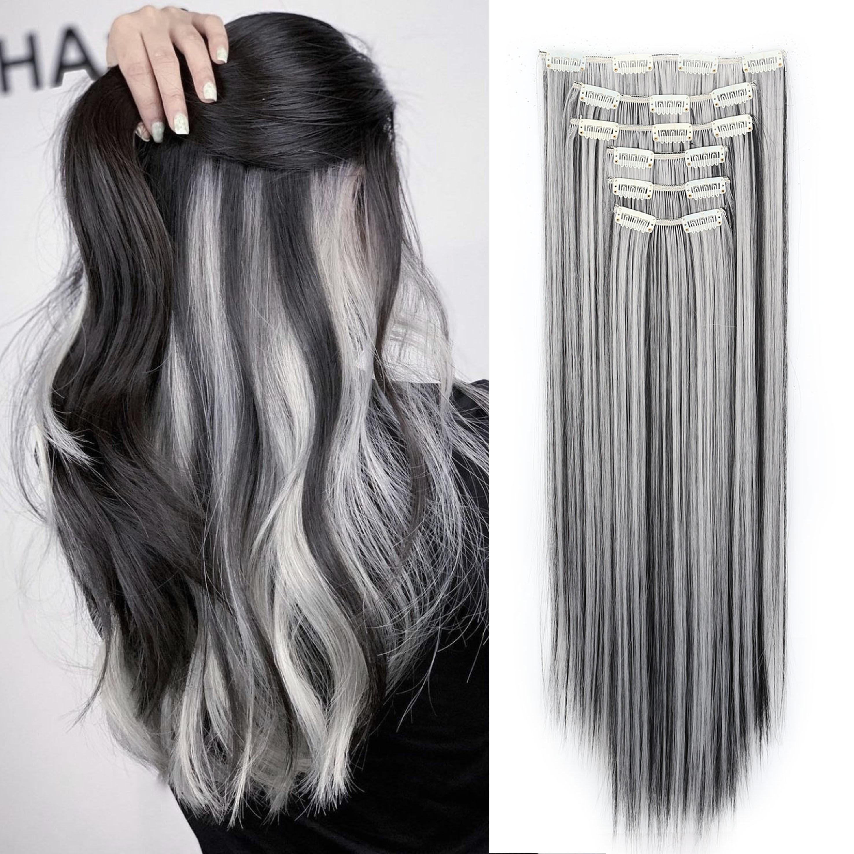 Image of 24 Inch Synthetic Long Straight Hair 16 Clip In High Temperature Fiber Hair Extensions Gray Hair Clip 6pcs Set Suitable For Daily Halloween Wear