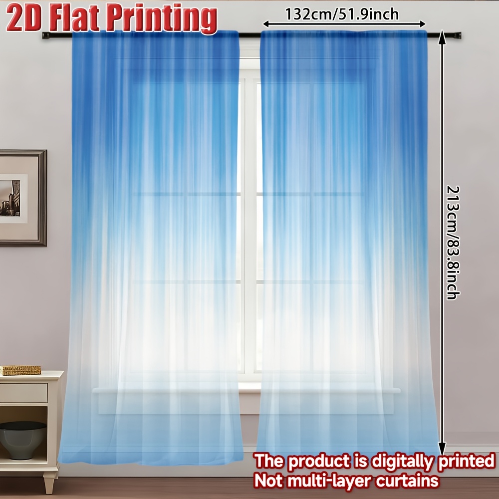 TEMU 2d Flat - 2d Flat - 2d Flat Gauze Curtain, 2pcs, Vertical Blue Gradient Lines Pattern Light Filtering Popular Chiffon Semi Sheer Curtain Festive