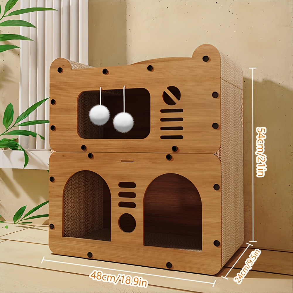 TEMU Deluxe Double-layer Cat Condo With Scratching Pad & Hanging Balls - Sturdy Wood Construction