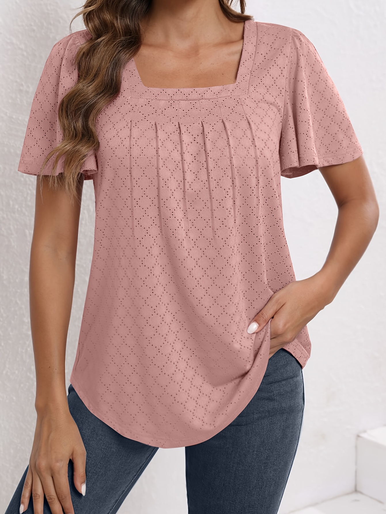 Plus Size Women'S Square Neck Ruffle Sleeve Top - Breathable Eyelet Cut-Out Fabric, Unique Chest Pleat Design, Elegant Fashion for Spring Summer Fall, Formal & Casual Wear, Casual Wear Top | Pleated Detail Top | Stretchy Fabric Top, Ladies T Shirts