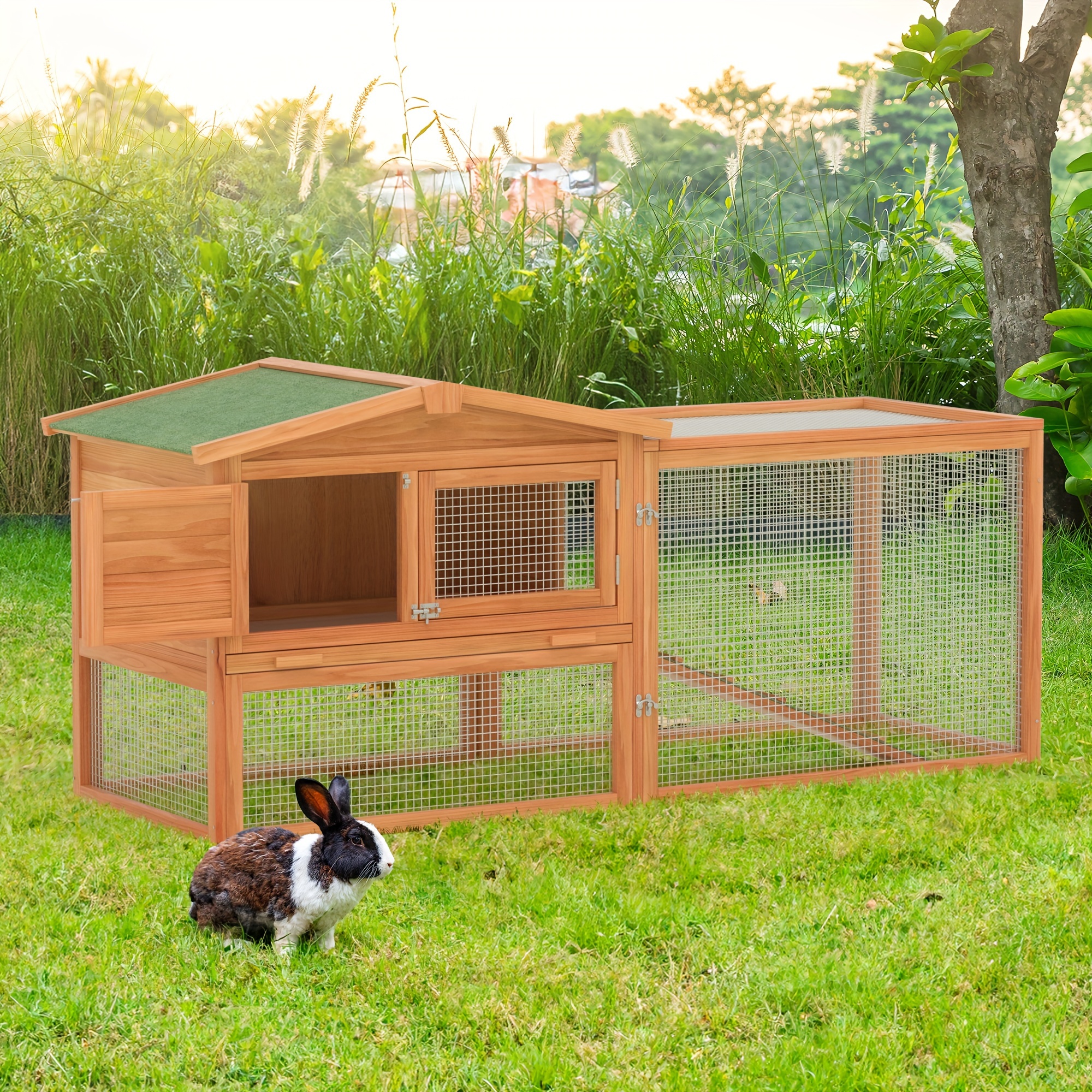 

Rabbit Hutch Wooden Rabbit Cage Chicken Coop Indoor And Outdoor Use Peaked Waterproof Roof 60"×20.5