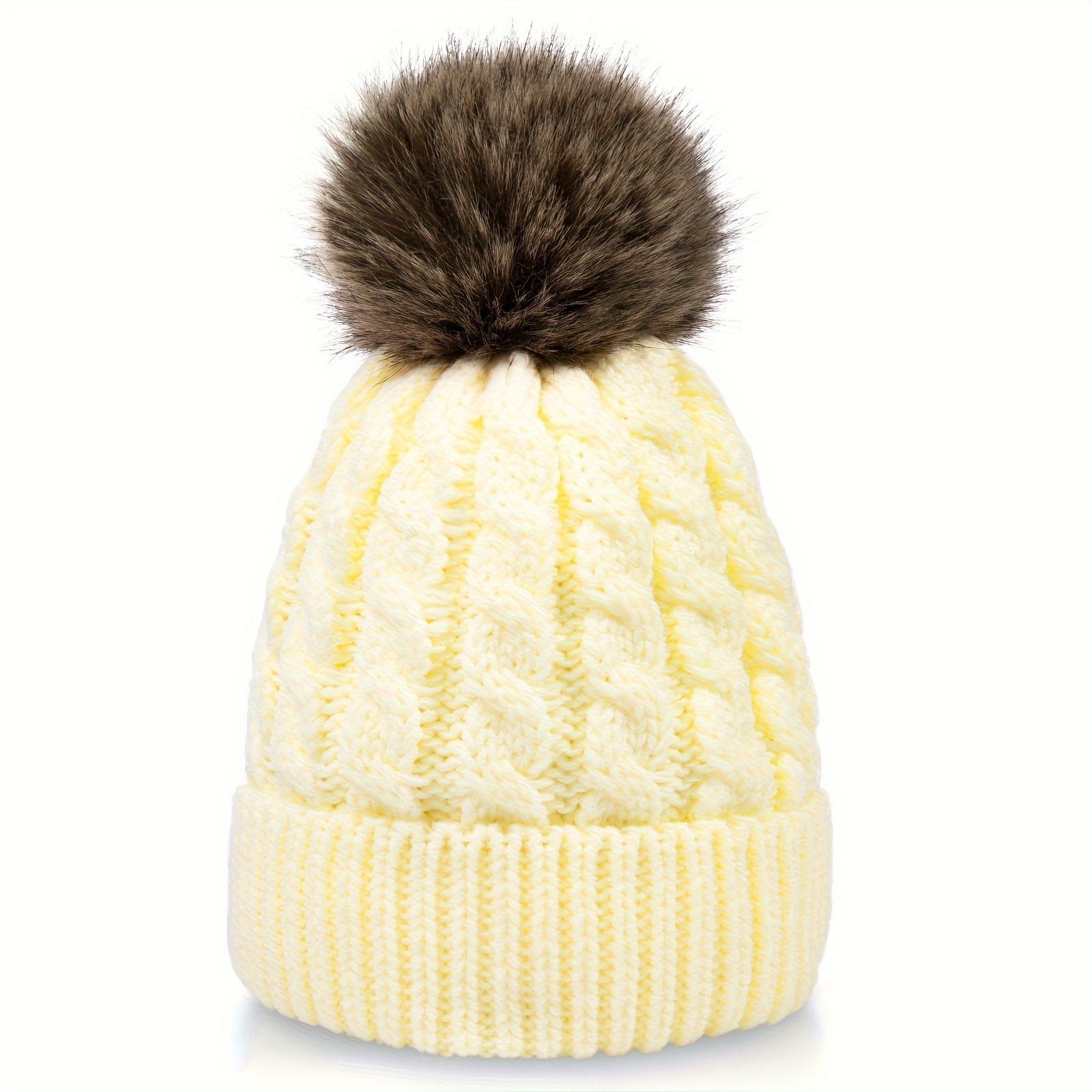 Women's Winter Knitted Beanie Hat With Faux Fur Pom & Pearl Beading – Warm Stretch Cap For Girls, Size Medium, Khaki