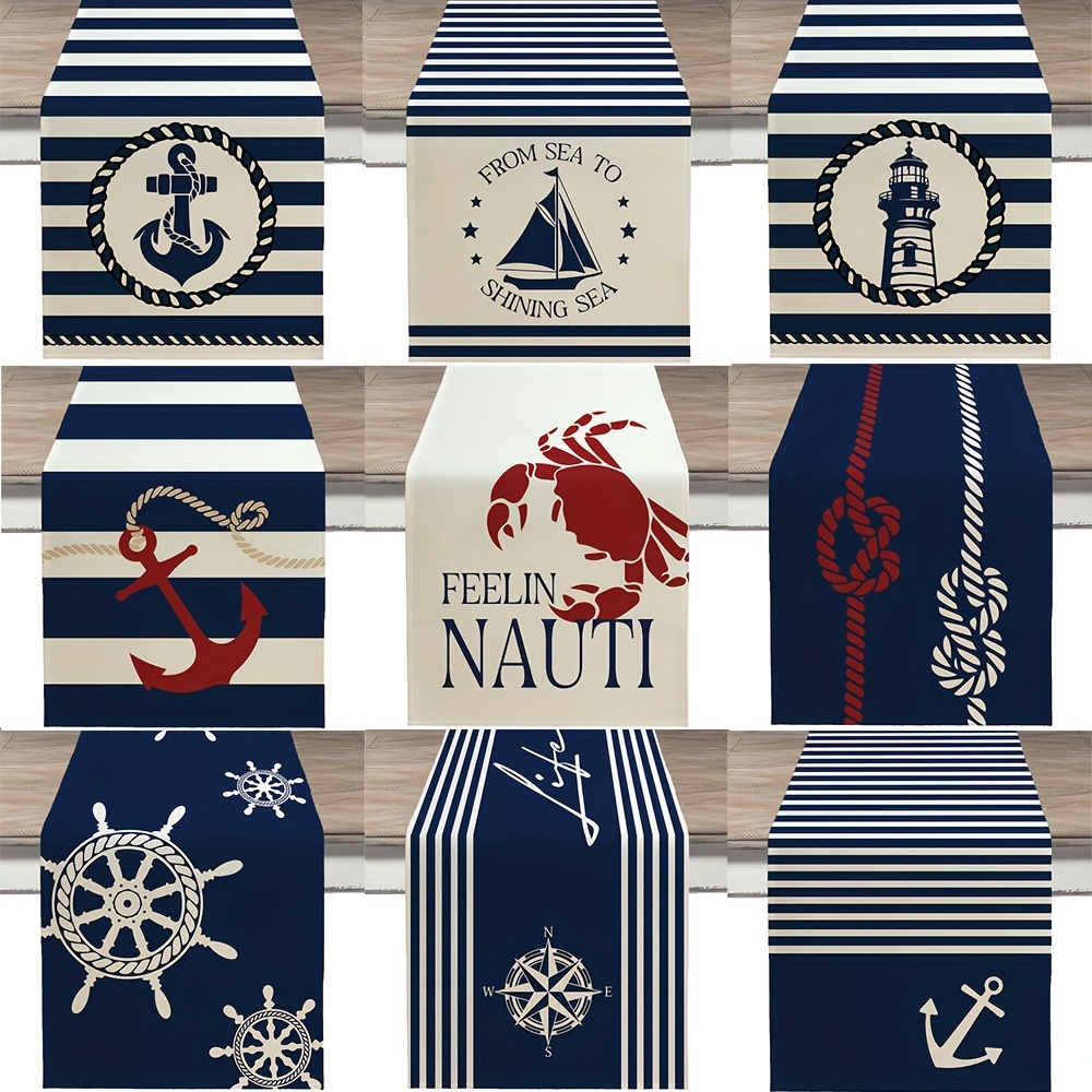 

Nautical Adventure Table Runner - Ocean-inspired With Anchor & Compass Design, Polyester, Perfect For Home Parties & Kitchen Decor, 13x72 Inches