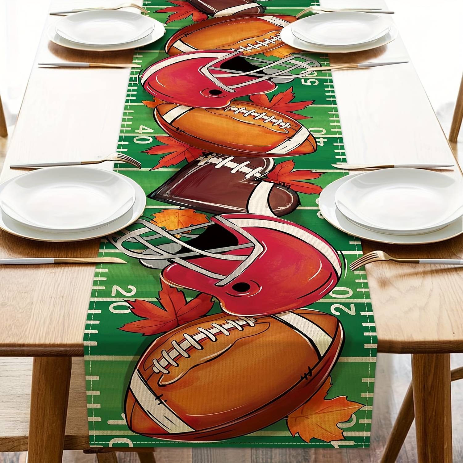 TEMU 1pc, Fall Football Table Runner, Autumn Sports Game Day Love Heart Helmet Kitchen Dining Table Decoration, Seasonal Indoor Outdoor Home Decor