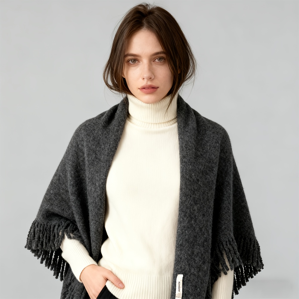 TEMU Shawl - Soft And Comfortable Women's Tassel Scarf Shawl, Wool Material (7% Wool) Fashionable Retro Tassel Design Scarf, Multifunctional Daily