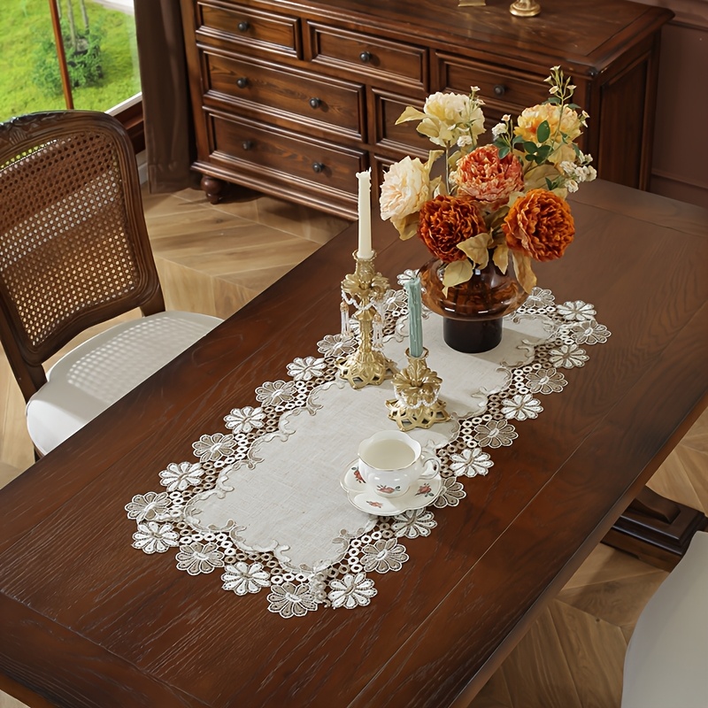 TEMU Elegant Linen Tablecloth With Intricate Lace - Holiday Dining, Home Decor, Weddings, And Sophisticated Table Settings