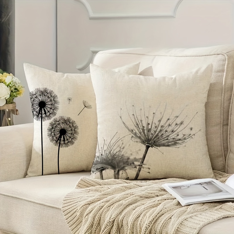 

2-piece Set Dandelion Print Linen Throw Pillow Covers With Zipper Closure - Contemporary Floral Design For Home & Sofa Decor, Machine Washable