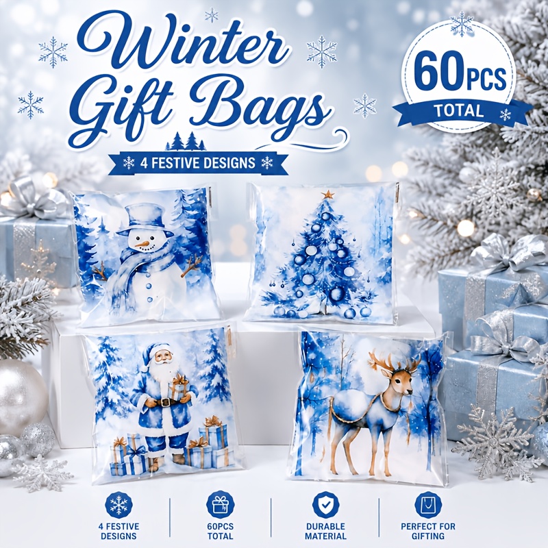 TEMU 60 Sacchetti Regalo Piccoli Blu Natalizi, Sacchetti di Imballaggio Autosigillanti, Motivi di , Albero di Natale e e , Adatti per Regali di Feste