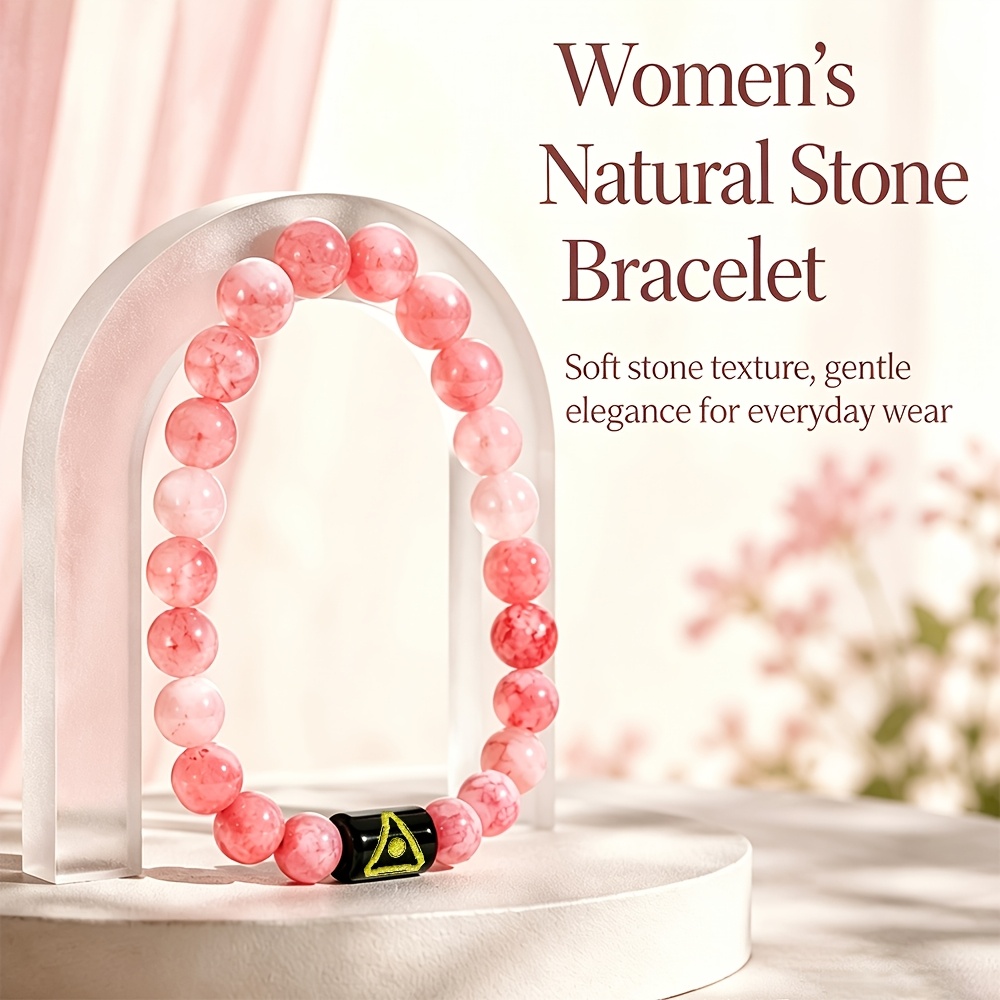 Women's Natural Pink Agate Stone Beaded Bracelet with Golden Accents