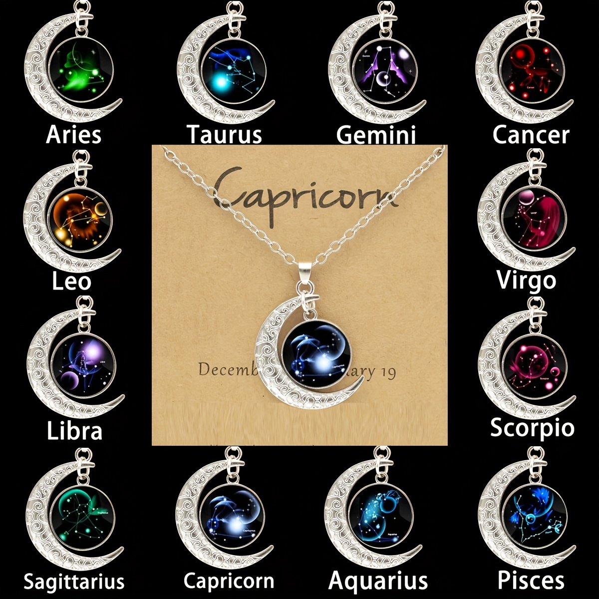 Collar de zodíaco que brilla en la oscuridad con un colgante de luna vintage - Estilo Aquarius/Sagittarius/Leo/Leprechaun/Señales de la noche y el sol, encantos de vidrio coloridos, aleación de zinc, regalo perfecto para hombres.
