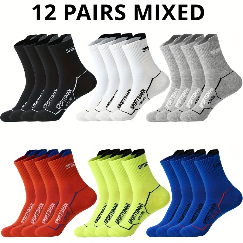 E-shop 12 Paare Herren-Sportsocken bis zur Mitte der Wade - Atmungsaktiv, Schweißabsorbierend, Buchstabendesign, für alle Jahreszeiten, Polyester- und