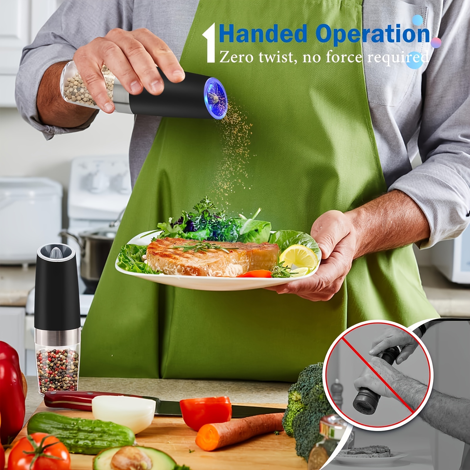 1 2 pcs gravity electric salt and pepper grinder set battery powered led   hand automatic operation adjustable coarseness mill grinders shakers black kitchen gadgets gift ideas best for christmas   thanksgiving father gift best for christmas   thanksgiving 9