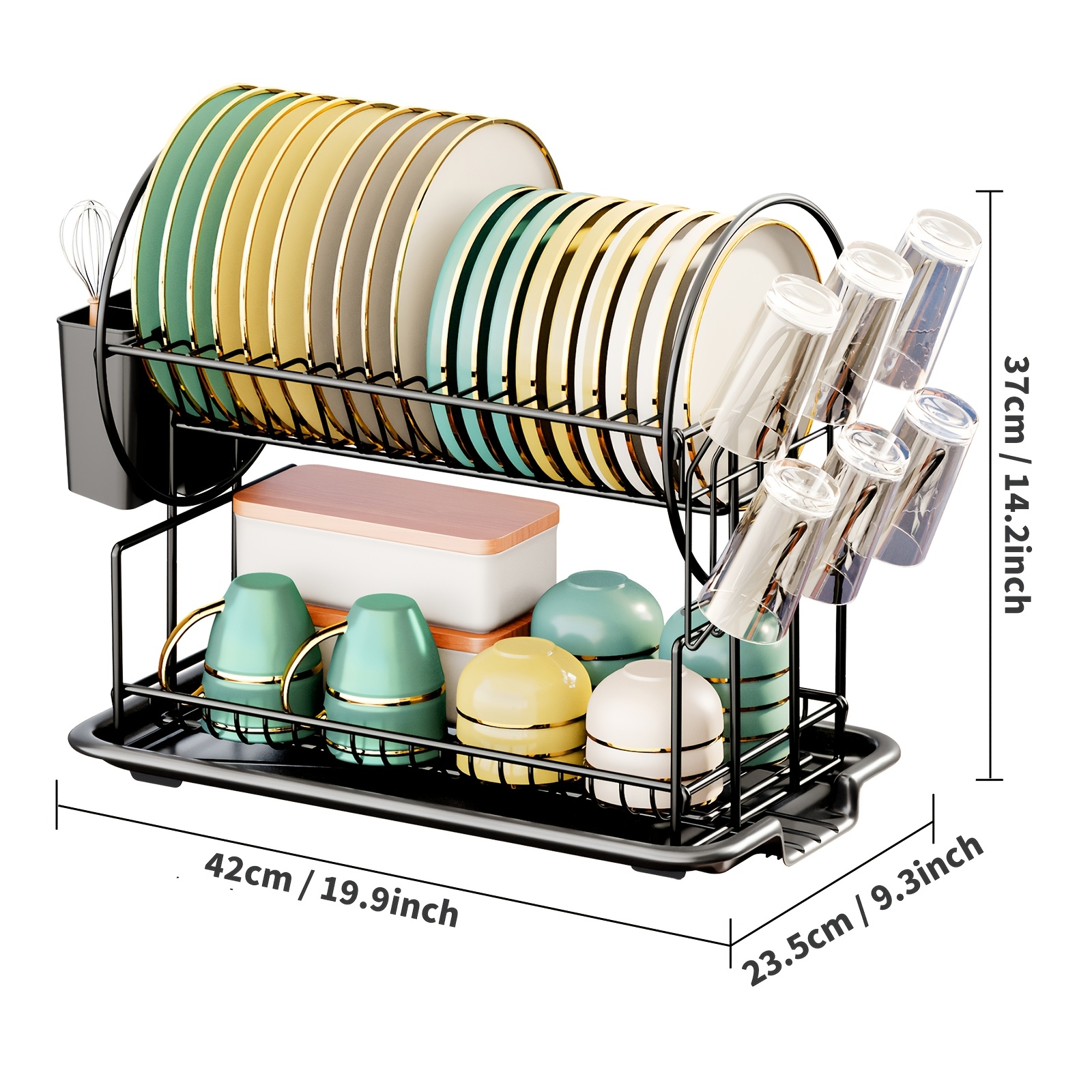 2-tier Metal Dish Rack With , Cup Holder & Utensil Organizer - Perfect For Kitchen Countertops, Ideal For 2-3 People, Black, Cutlery Box, Shelf