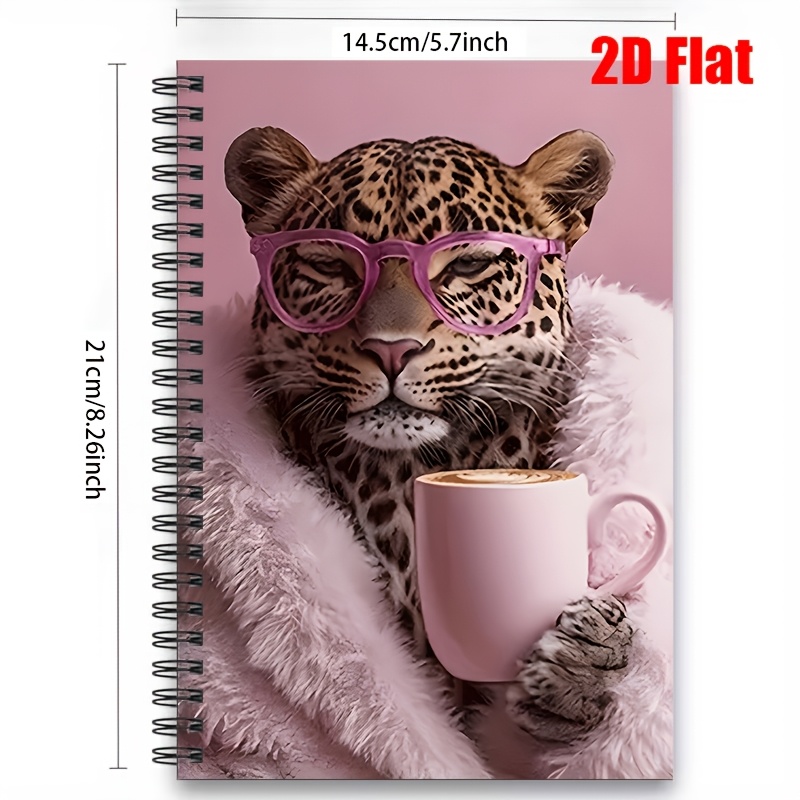 TEMU Organizador personal de 1 pieza [2D] Cuaderno de notas con diseño de leopardo con gafas rosas sosteniendo café, diario de 100 páginas, para