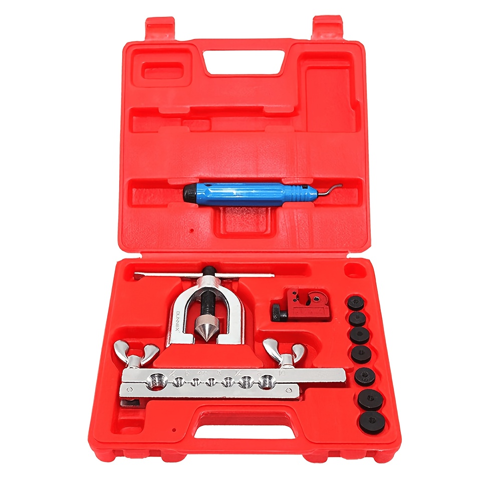 TEMU Double Flaring & Swaging Tool Kit, 45Â° Single/double Flaring, With 7 Adapters, Brake Flaring Tool, With Tube Cutter, Deburring Tool, For Copper