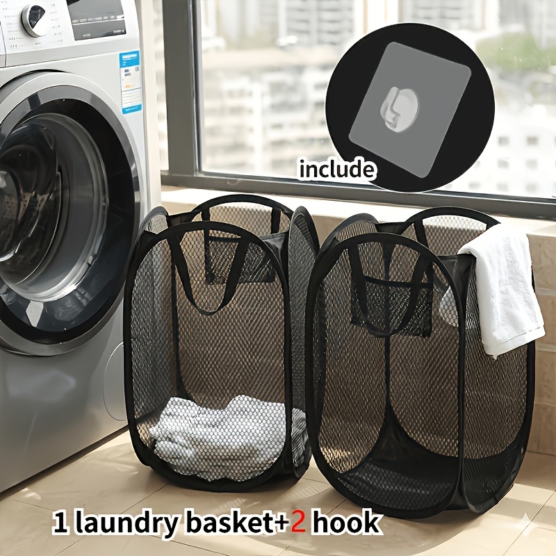 TEMU Lot de 3 : 1 panier à linge pliable en de grande capacité, 2 crochets. Panier de rangement non doublé de grande capacité avec poignée, panier à