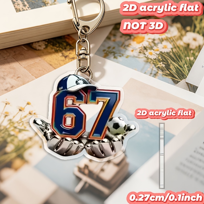 TEMU 2d Flat, [2d Flat] 1pc New Acrylic Keychain With Stylish Number 67, Perfect For To To Backpacks, Keys, And Water Bottles! A High-value,