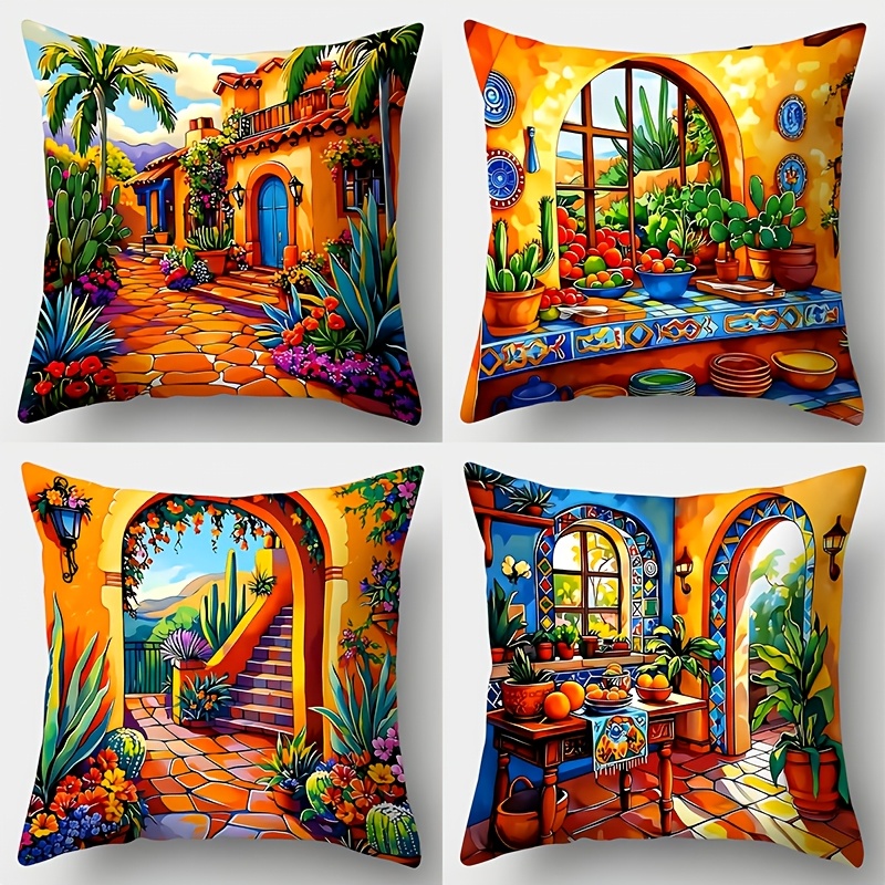 TEMU 2d Flat 4pcs Set: Mexican Style Painted Print Outdoor Pillowcases. Designed With Tropical Plants, Red Terracotta Tile Floors, And Mexican