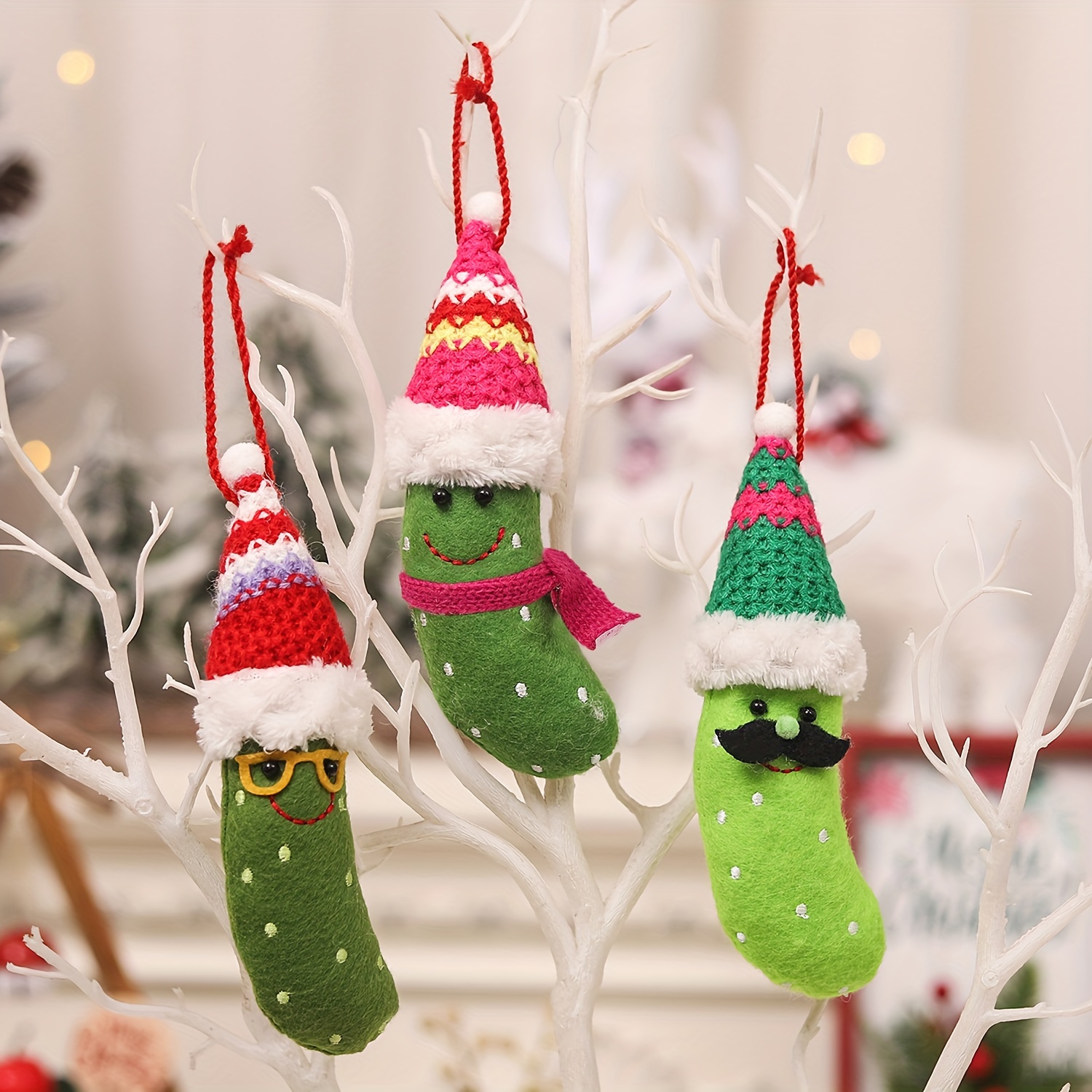 

3pcs Christmas Pickle Ornaments With Santa Hats - Tree Decorations, No Power Needed, Featherless Fabric Home & Party Decor