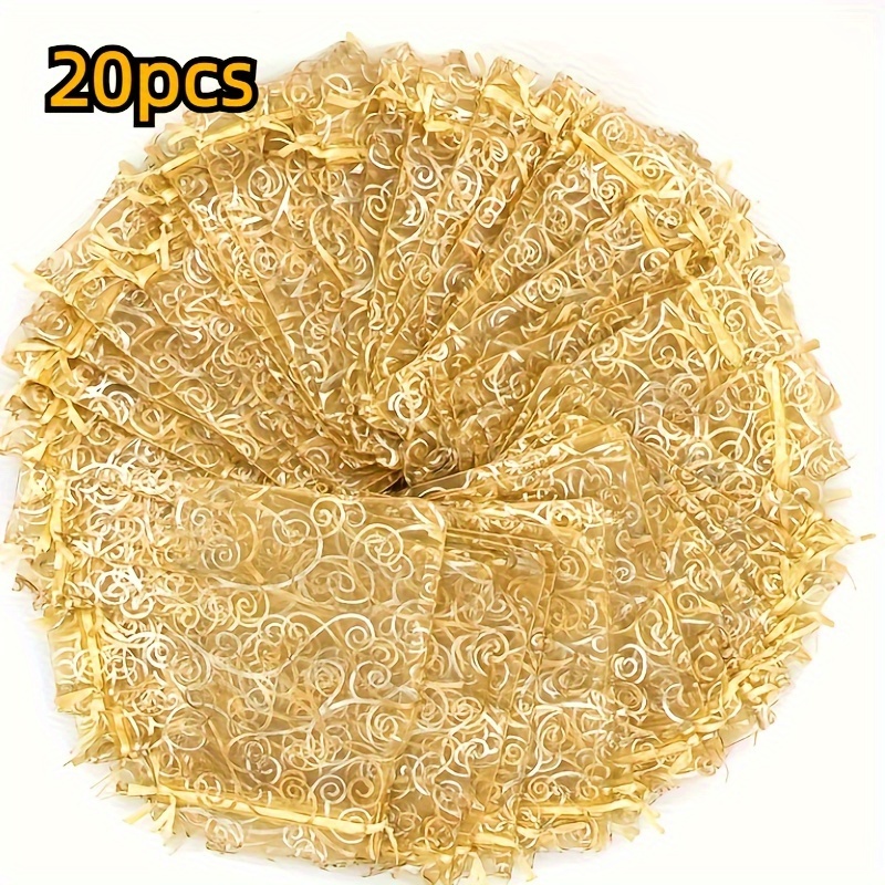 Image of Elegant 20pcs Golden Organza Drawstring Bags With Rattan Print - Wedding Favors, Showers & Holiday Gifts