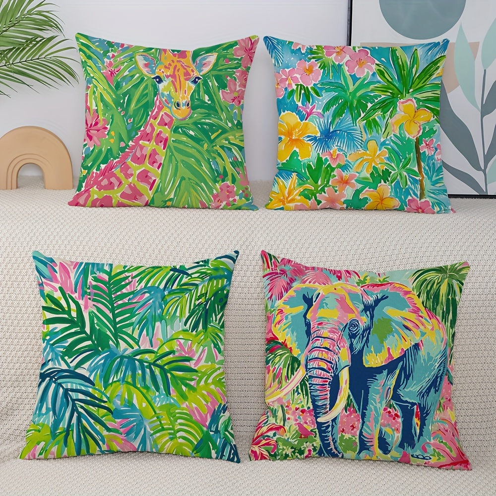 

4pcs Tropical Throw Pillow Cover Set - Vibrant Leaves, Flowers & | Zip Closure, Machine Washable Polyester Cushion Covers For Living Room Decor (inserts Not Included)