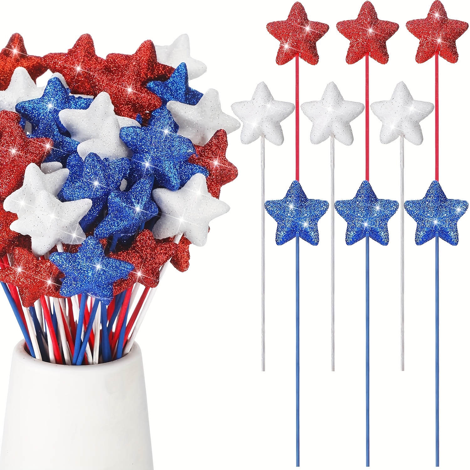 

18pcs 4th Of July Puffy Glitter Star Picks 7.9'' Americana Foam Star Stems Red White Blue Patriotic Decor For Memorial Day National Day Independence Day Party Table Centerpieces Decoration