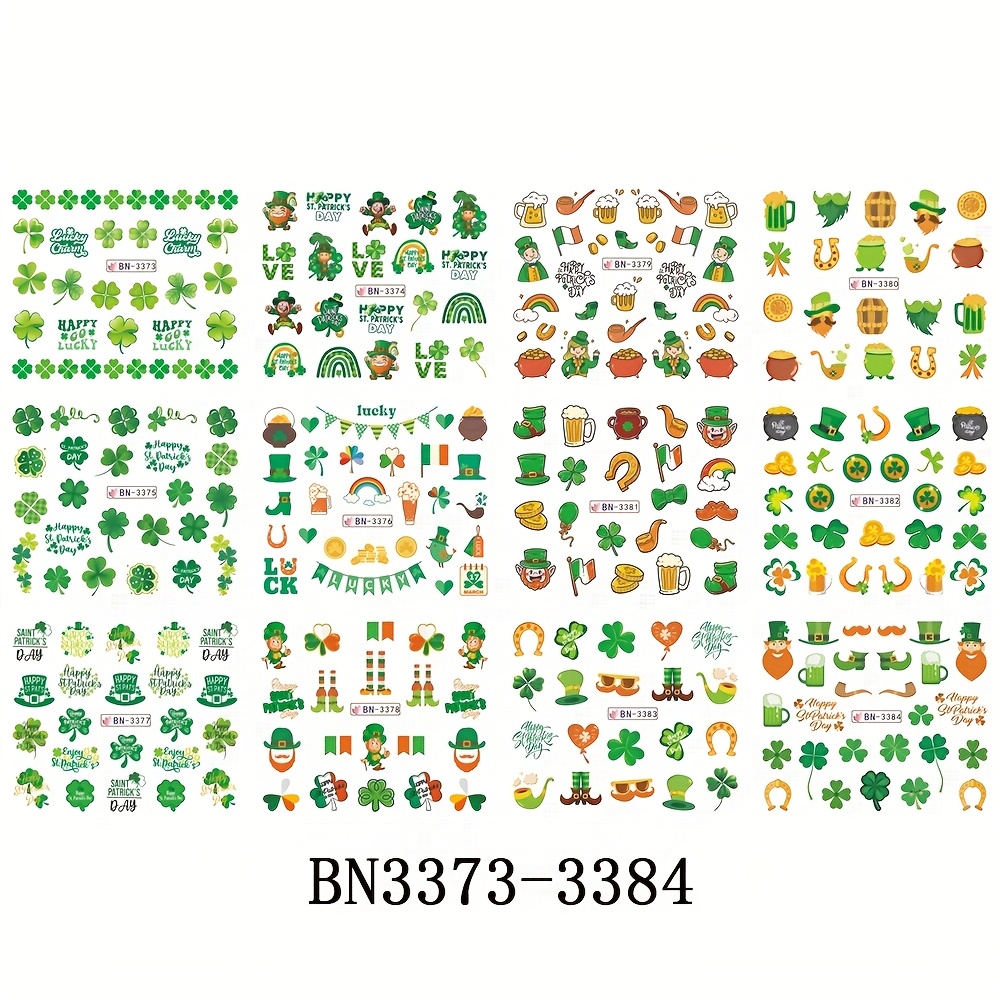 TEMU 12pcs Clover Nail Art Sticker Set - Irish 's Day Abstract Pattern Water Transfer Decals, Nail Charms And Accessories For Women & S