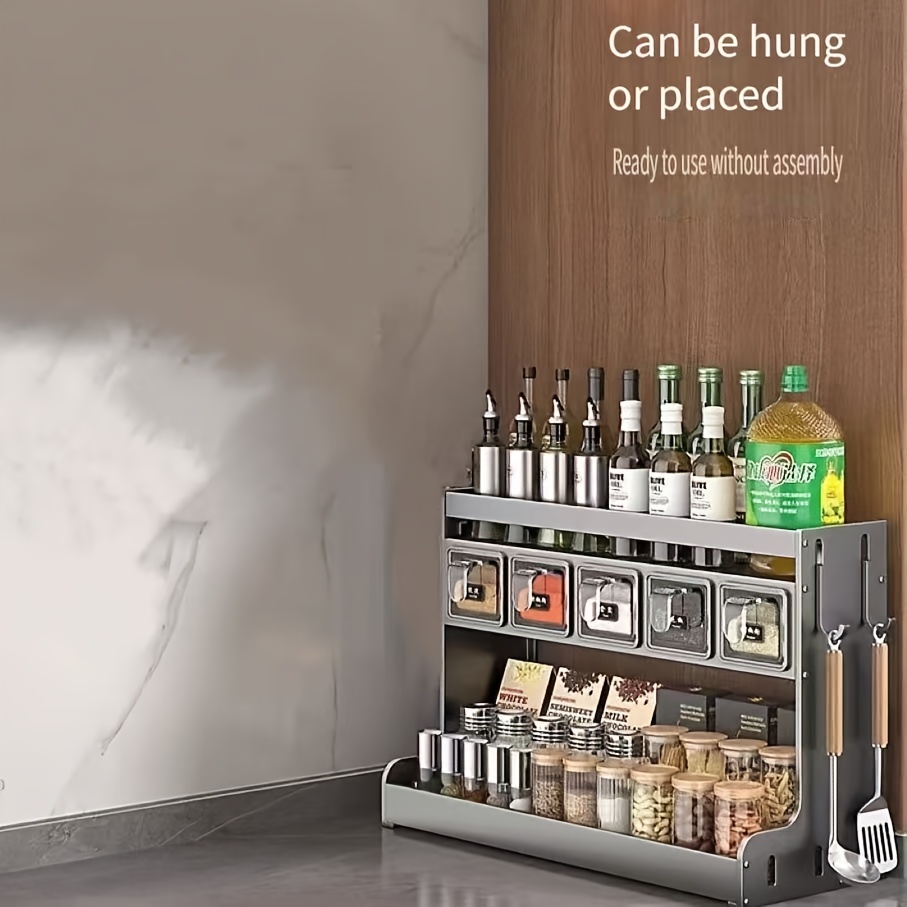 Stainless Steel Kitchen Spice Rack with Hanging & Placement Options - No Drill Wall-Mounted Organizer, Multi-Tiered Shelf for Salt, Pepper, Herbs, Utility Racks, Kitchen Spice Rack