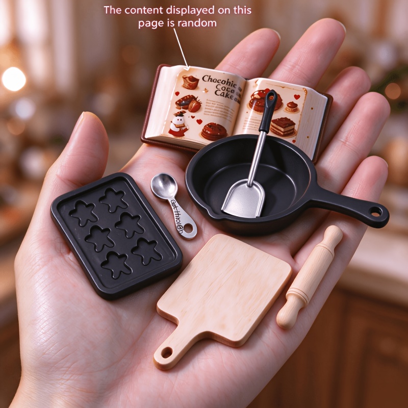 TEMU 1 Set Of 7pcs Mini Baking Set - 1:12 Scale Miniature Frying Pans, Rolling Pin, Baking Pan, Baking Book (book Patterns Are Random), Suitable For