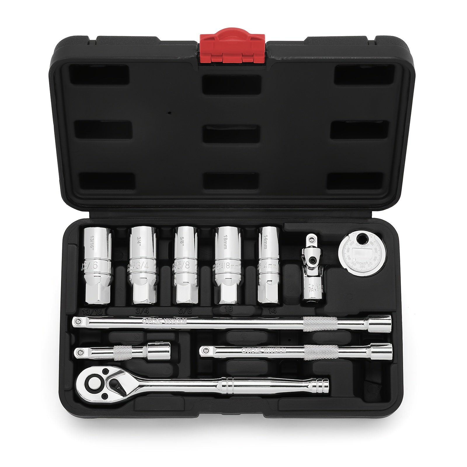 TEMU 11pcs Set Including A 3/8" Drive Spark Plug Socket, Ratchet, And Additions, Featuring Sae And Metric Sizes, 6-point Spark Plug Sockets, A