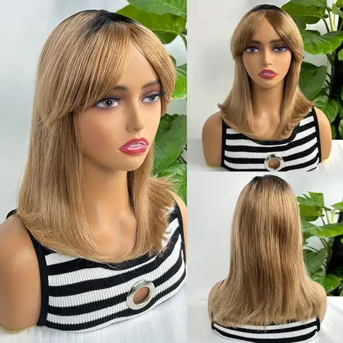 613 Blonde Bob Wig With Bangs Silky Straight Human Hair Wig - Temu