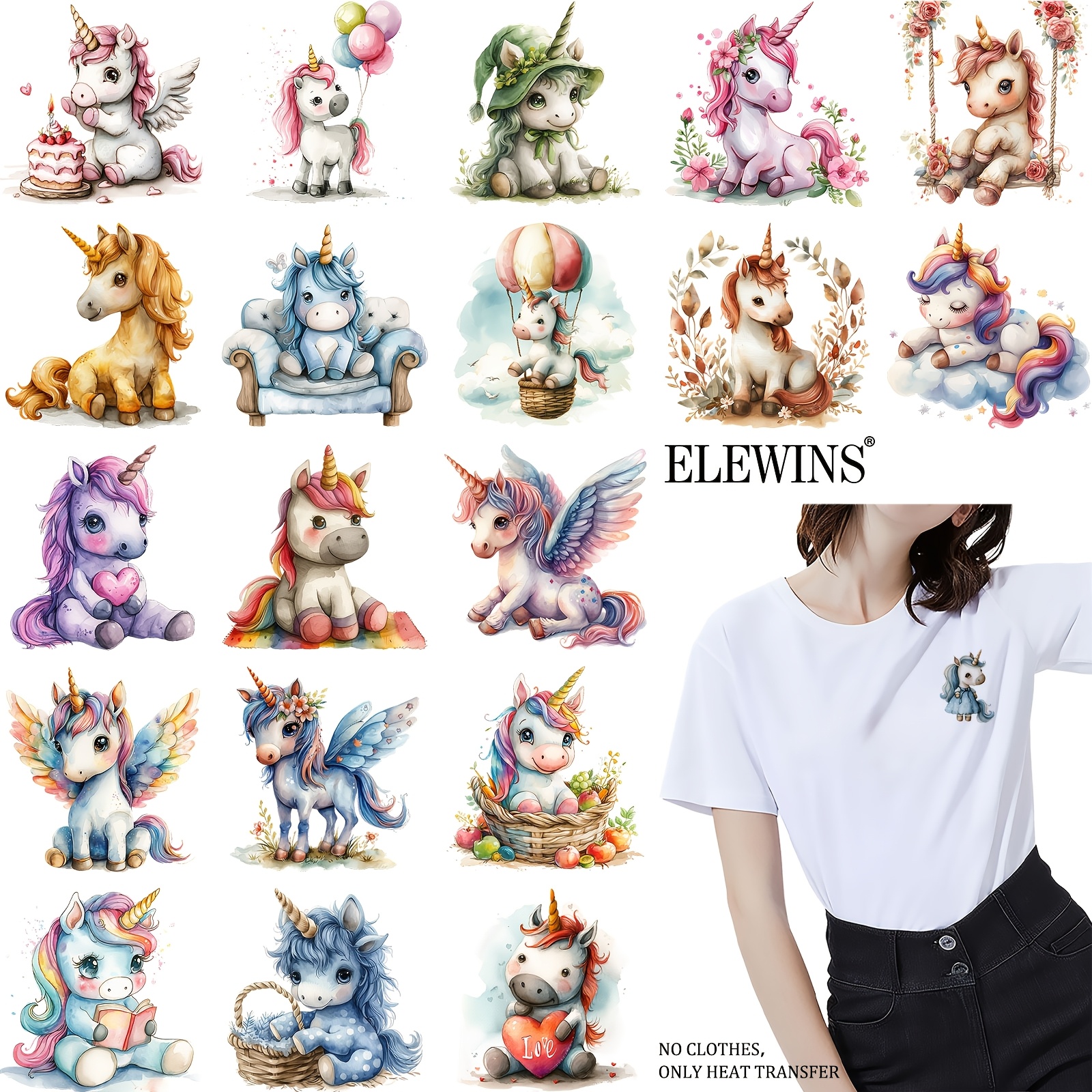36pcs watercolor cute unicorn iron on transfer patches iron on vinyl for jeans dtf heat transfer vinyl appliques for clothing t shirt pillow hat