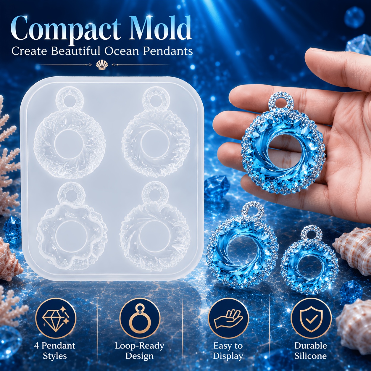 TEMU Resin Silicone Mold, 4 Ocean Swirl Pendant Mold With Hanging Hole, Christmas Epoxy Resin Casting Mould For Keychain Jewelry Making, Wreath Resin