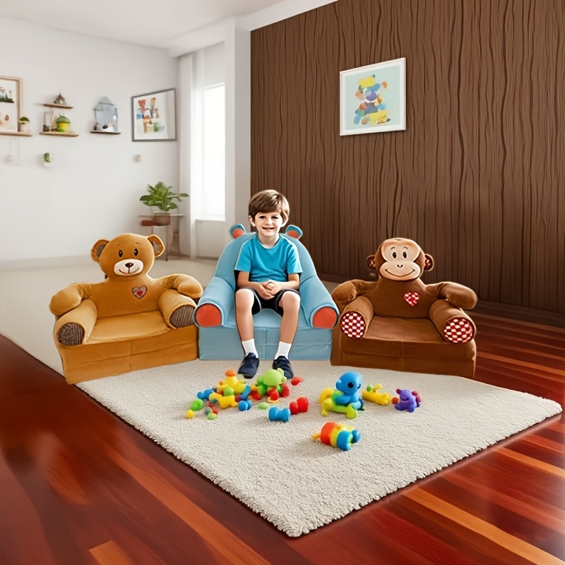 creative foldable kids sofa compressible plush bear monkey   brown with red heart accents portable for living room nursery or play area nursery furniture   design comfortable cushioning 0