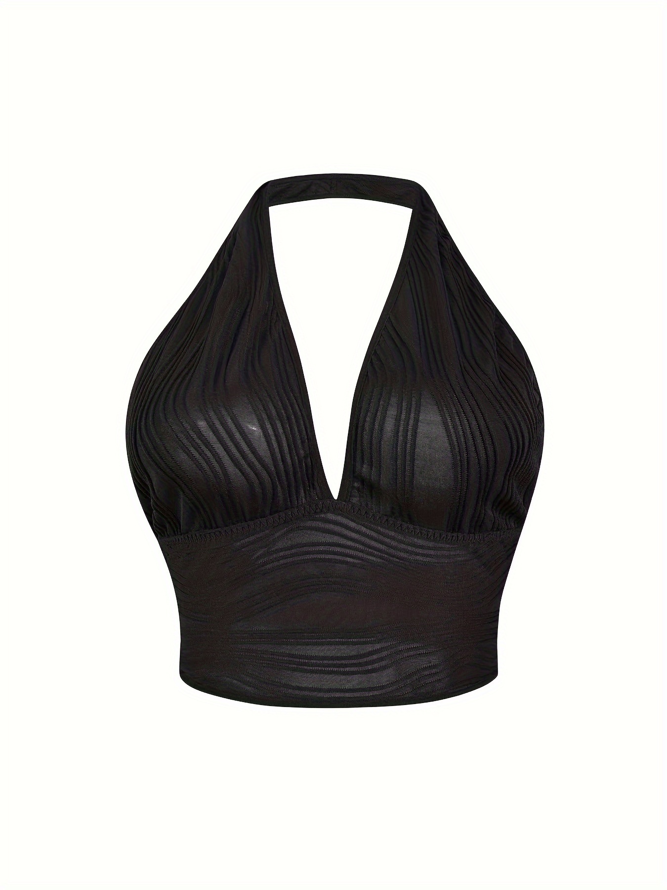 Plus Size Women's Halter Neck Wave-Textured Sexy Camisole Top - Mid-Stretch Machine-Washable Elegant Special Collection for Casual & Formal Wear, Formal Attire Camisole, Elegant Design, Offshoulder Camisole, Comfortable Fit, Stretchy Fabric, Party Outfit, Stylish Blouse, Durable, Fitted Camisole, Stylish Ladies