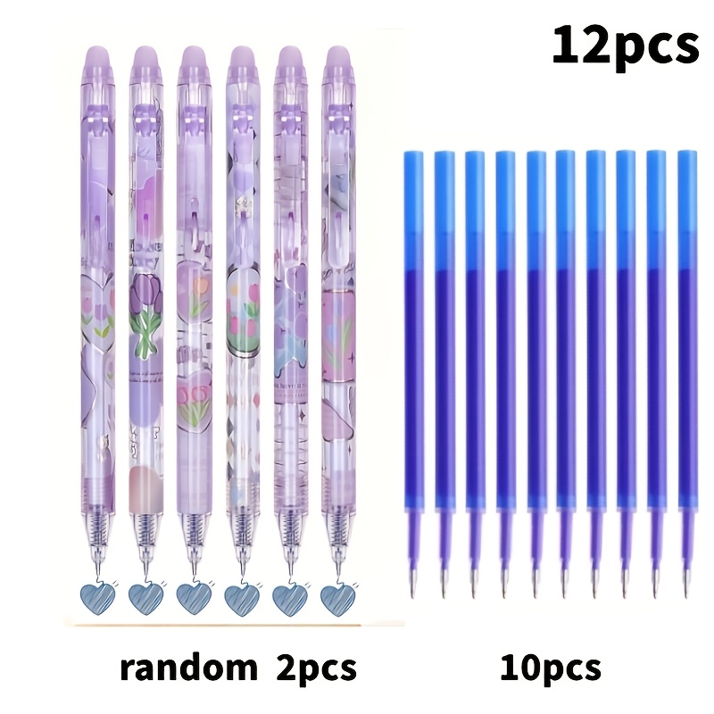 TEMU 12pcs Purple Erasable Gel Pens Set, Random 2pcs Pens And 10pcs Refills, 0.5mm Fine Point, Blue Ink, Built-in Eraser, Perfect For Note-taking And