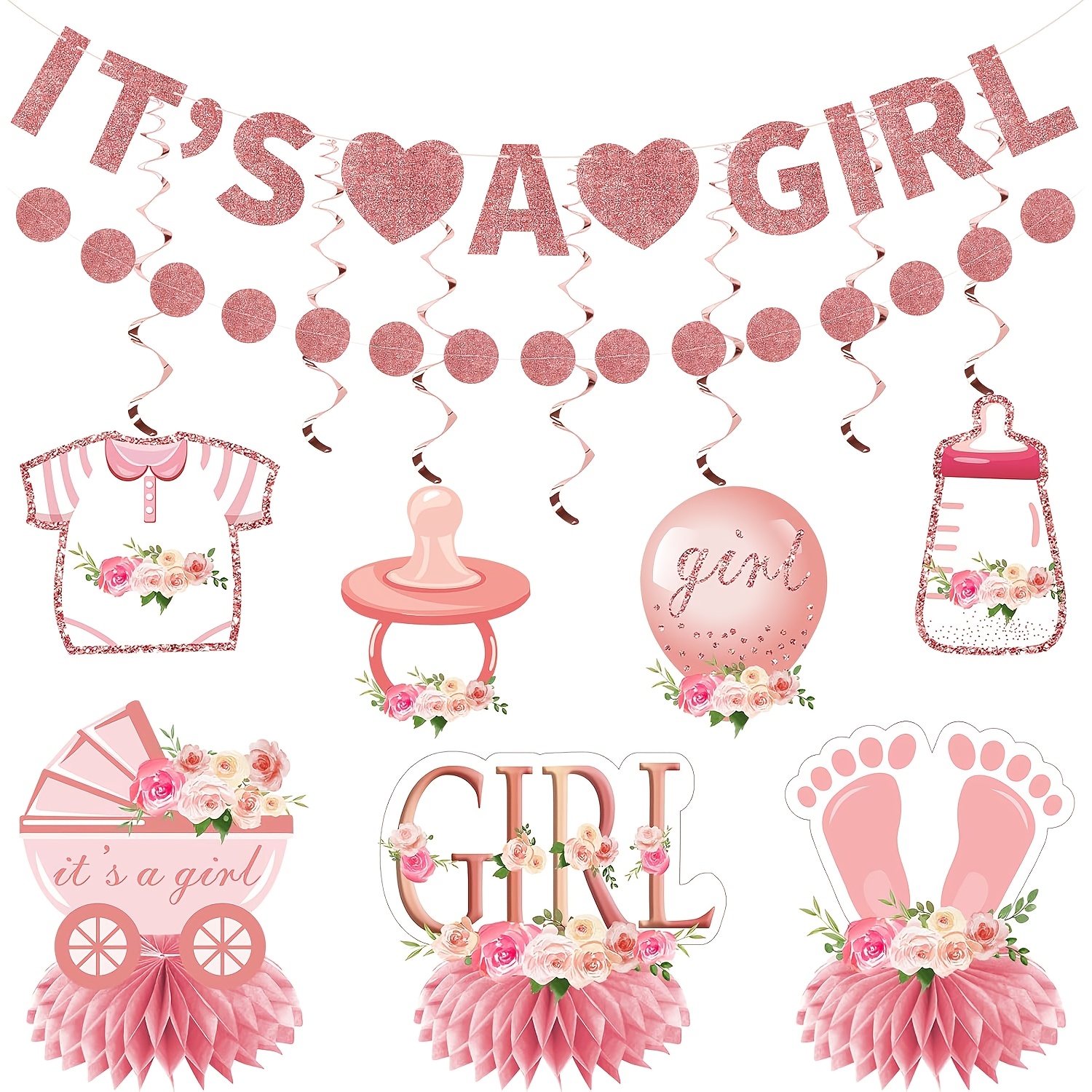 Image of 9pcs Pink Rose ' Shower Decor Set For Girls, Floral " A Girl" Gender Reveal Banner Table Centerpiece Hanging Swirl Set, Pregnancy Announcement Polka Dot Wreath Banner Party Supplies