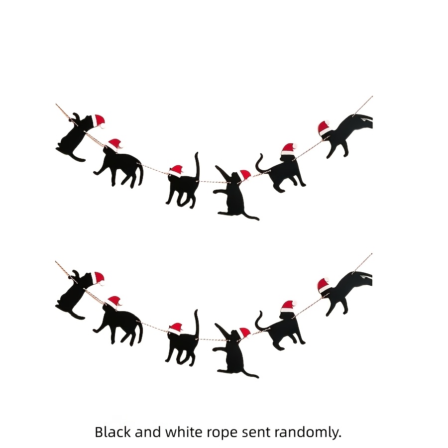 TEMU 1/2/3pcs, Christmas Black Cat Garland With Santa Hat Xmas Wall Hanging Banner Pet Cat Silhouette Bunting For Home Window Fireplace Christmas