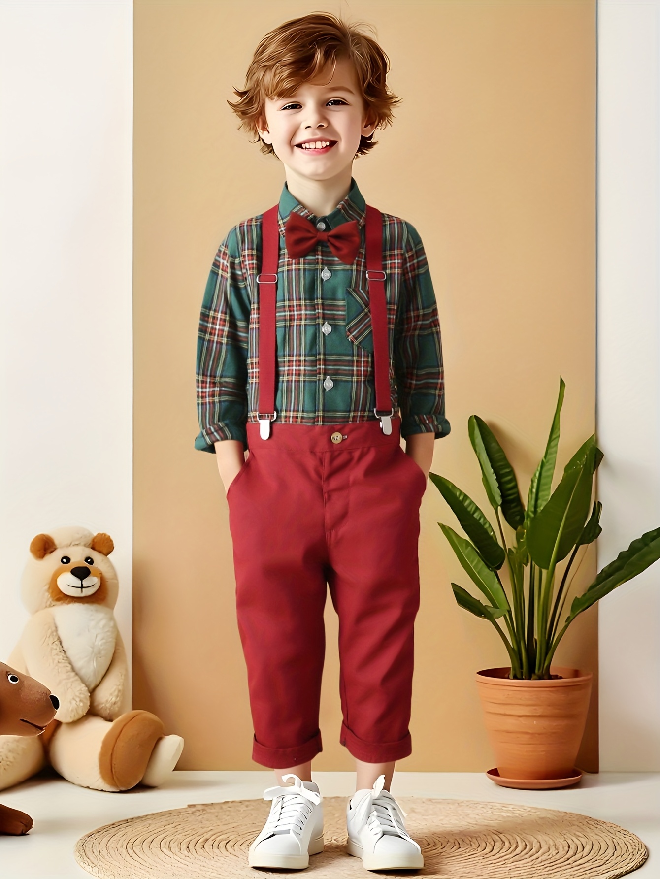 Boys' Long Sleeve Suit Fashion Autumn and Winter Checkered Shirt with  Suspenders Christmas Clothing Bow Tie Suit Pants Set Suitable for Outdoor  Wear