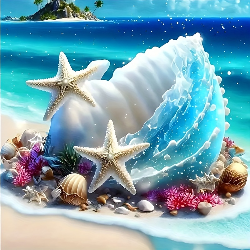 

Ocean 5d Diy Kit - Round Acrylic Gems, Conch, Starfish & Coral Designs For Beginners - Wall Decor Gift