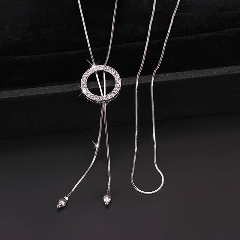 Rhinestone Round Pendant Long Necklace Clothing Accessory