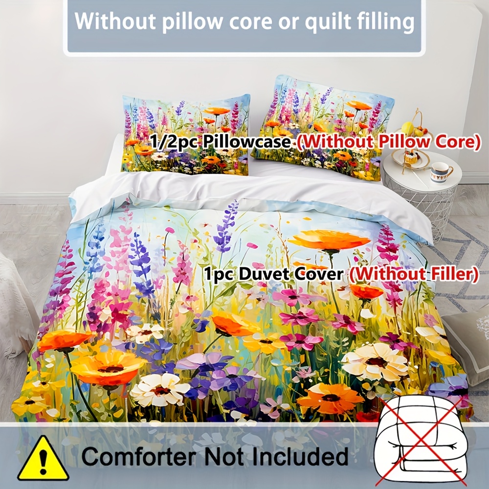 2/3pcs Set, Oil Painting Style Flower Group, Floral Theme Bedding Set, Quilt Cover Set, Zipper Design, Machine Washable 1 Quilt Cover +1/2 Pillowcase, No Filling