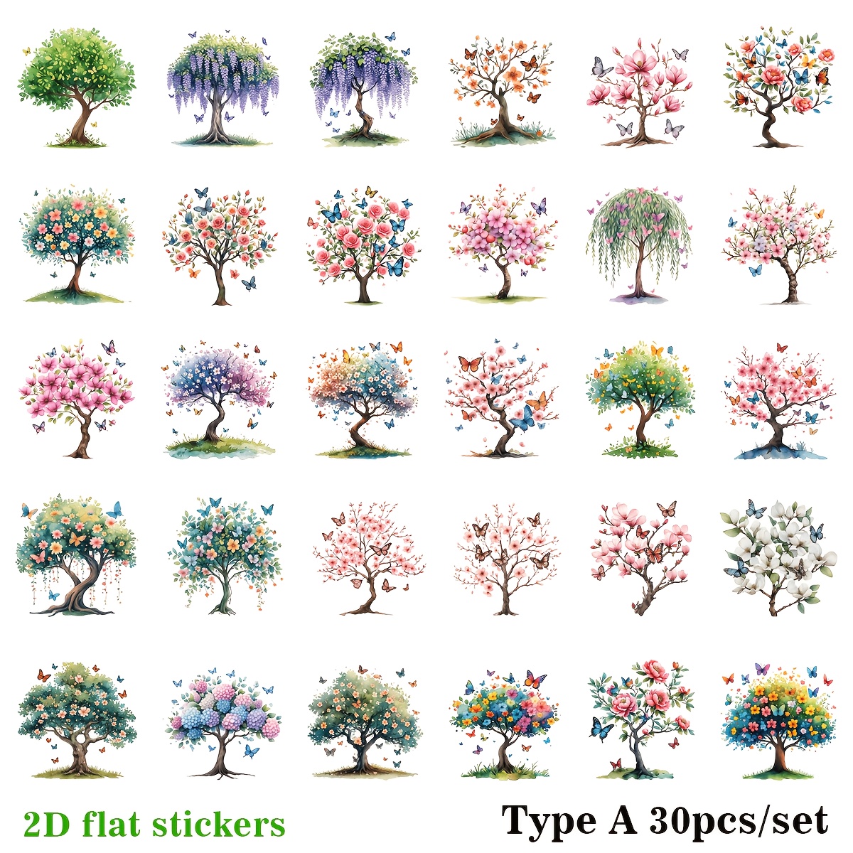 TEMU Lot de 30 autocollants à , créatifs et rétro, série printanière arbre de , boule, arbre à fleurs et papillon, de haute qualité, adaptés pour la