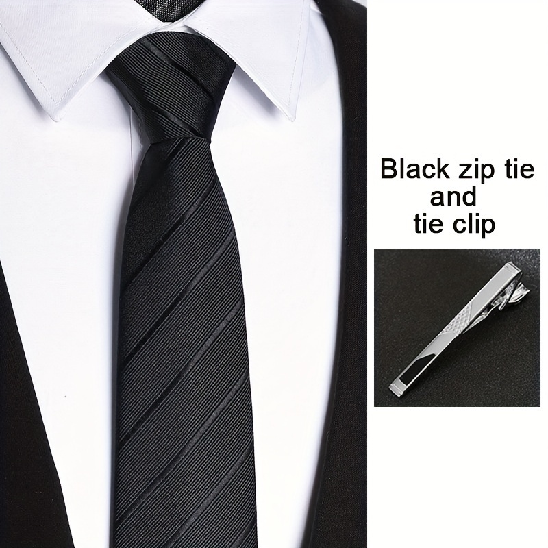 Image of Zipper Tie And Tie Clip, Tie Set, 8cm/3.15in Striped Multicolor Tie, Suitable For Business Events, Weddings, Interviews, Work, Etc., An For A Gift
