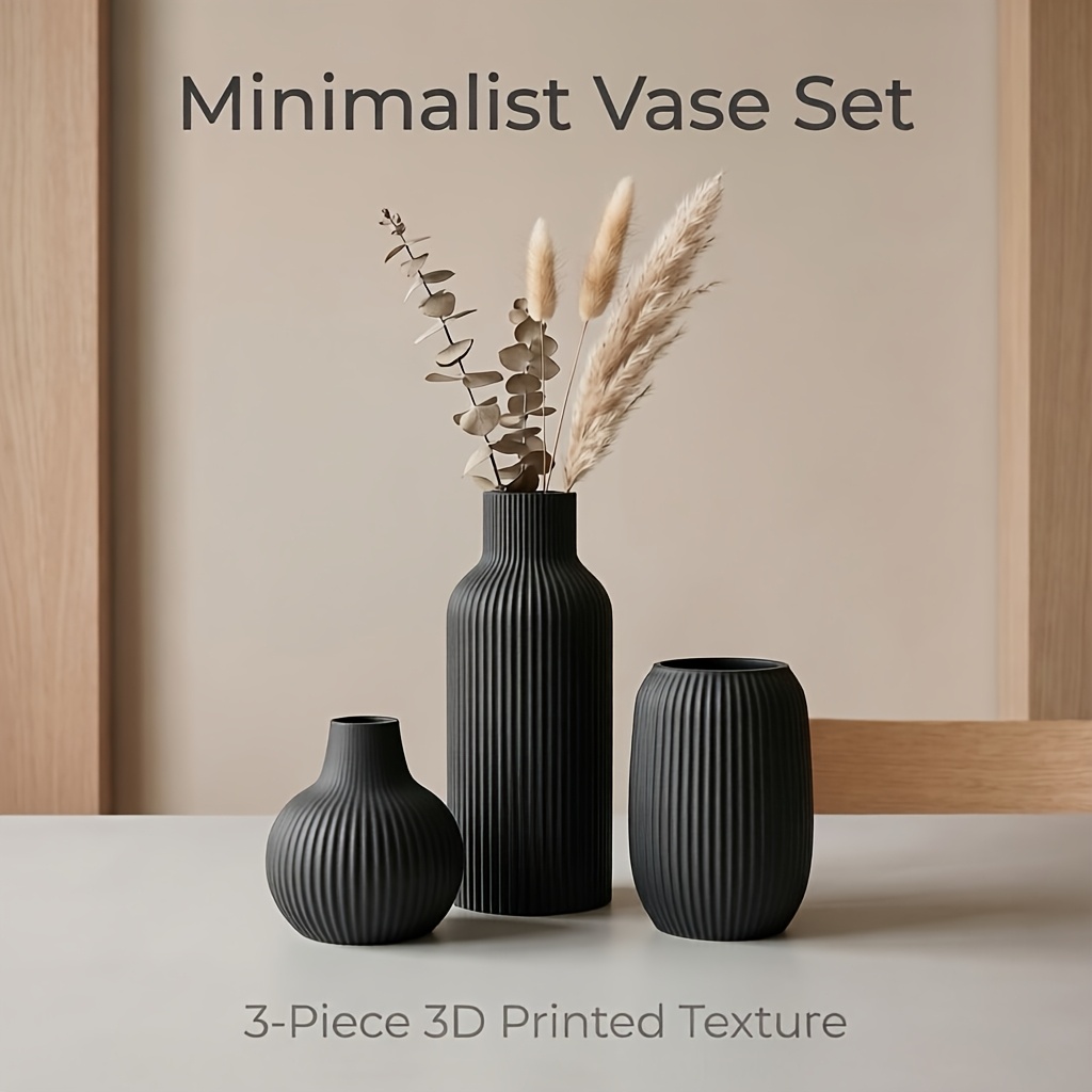 TEMU Ensemble de 3 vases imprimés en 3D en plastique PLA mat, vases décoratifs gaufrés à rayures verticales, décoration intérieure moderne et pour