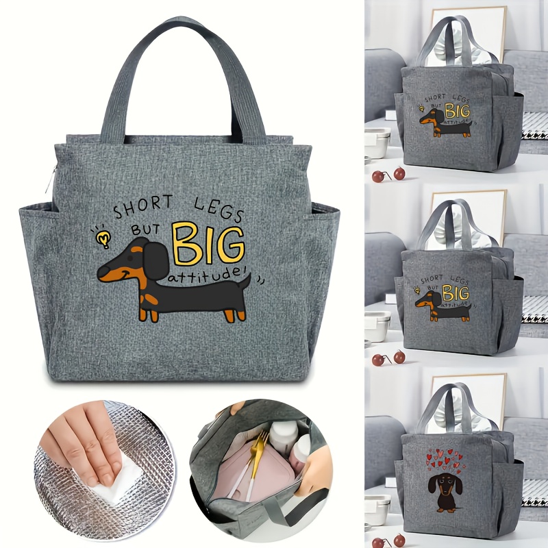 

Chic Dachshund Insulated Lunch Bag - Spacious & With Double-layer, Aluminum Foil, Zipper Closure, Canvas Lining - Work, School, Picnics - Stylish Gray Polyester Tote For Women