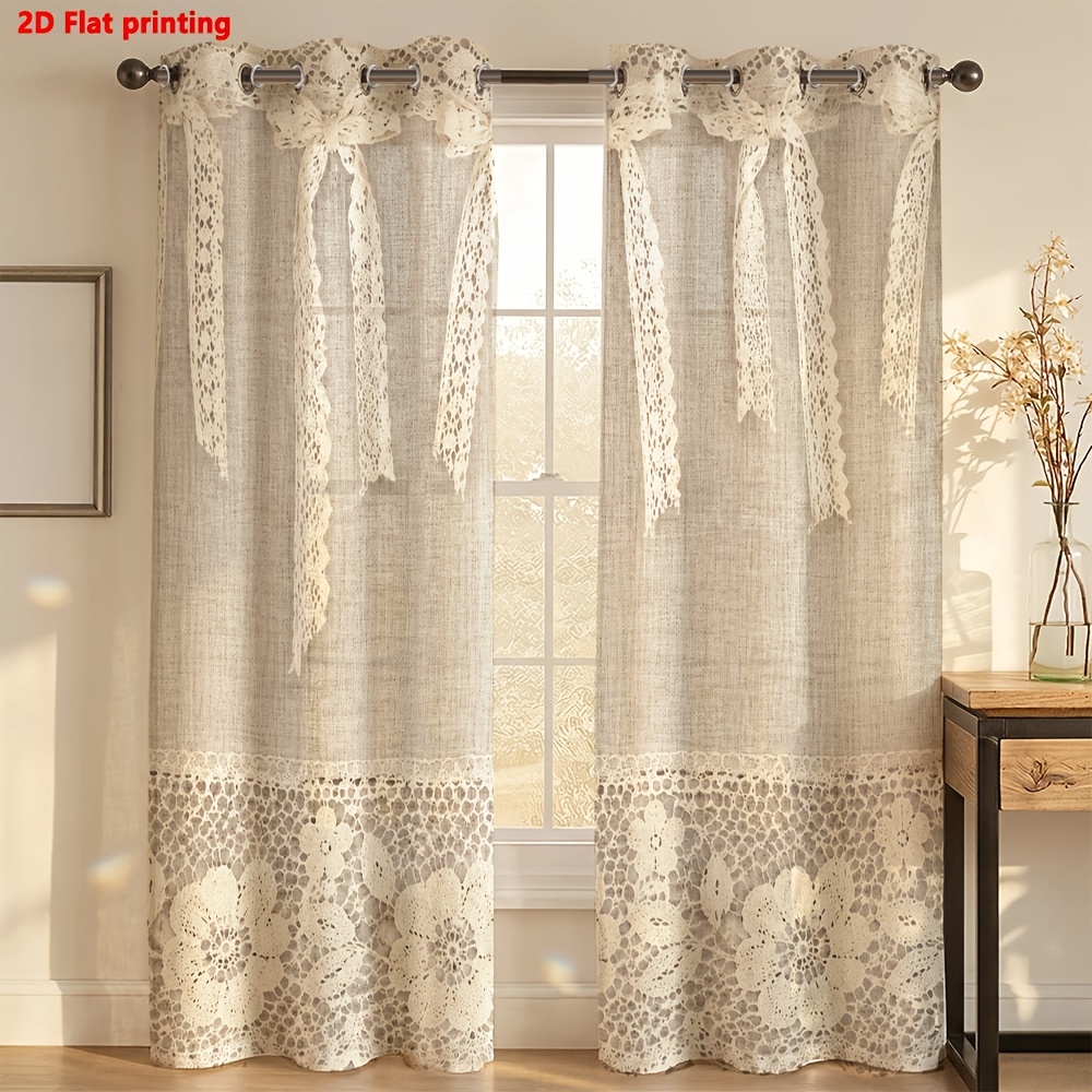 Image of 2d Flat, 2d Flat 2pcs Curtains With Lace Trim, Rustic Design, Farmhouse Style, Living Room, Bedroom, Home Decoration, 2d Flat
