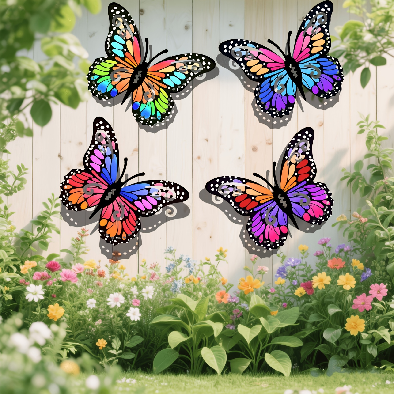Image of 4pcs Set Of Colorful Wrought Iron Butterflies, Featuring Intricate Hollow-out For A Dynamic, Three-dimensional Effect. With Fully Saturated Colors, Instantly Up Courtyards, , And . Designed To Be