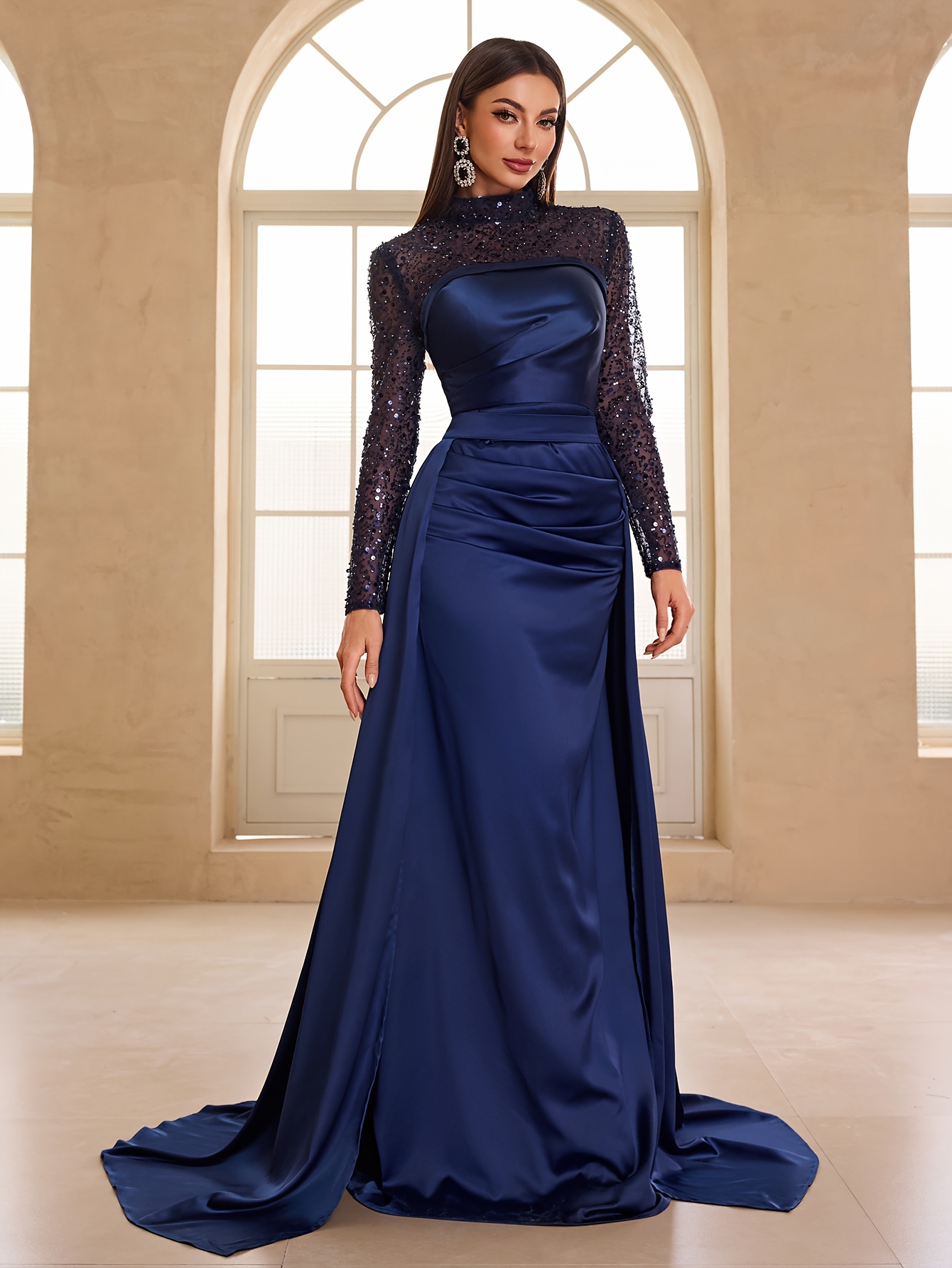 green emerald velvet dress Blue Beaded Long Sleeve Prom Dresses High Neck Formal Dresses 21269 Custom Colors / US10 main image 1